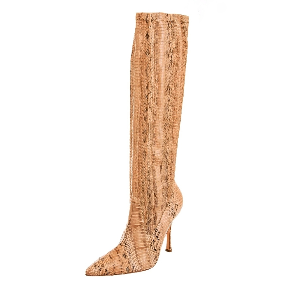 Manolo Blahnik Y2K Brown Snakeskin Stretch Knee High Heeled Leather Boots